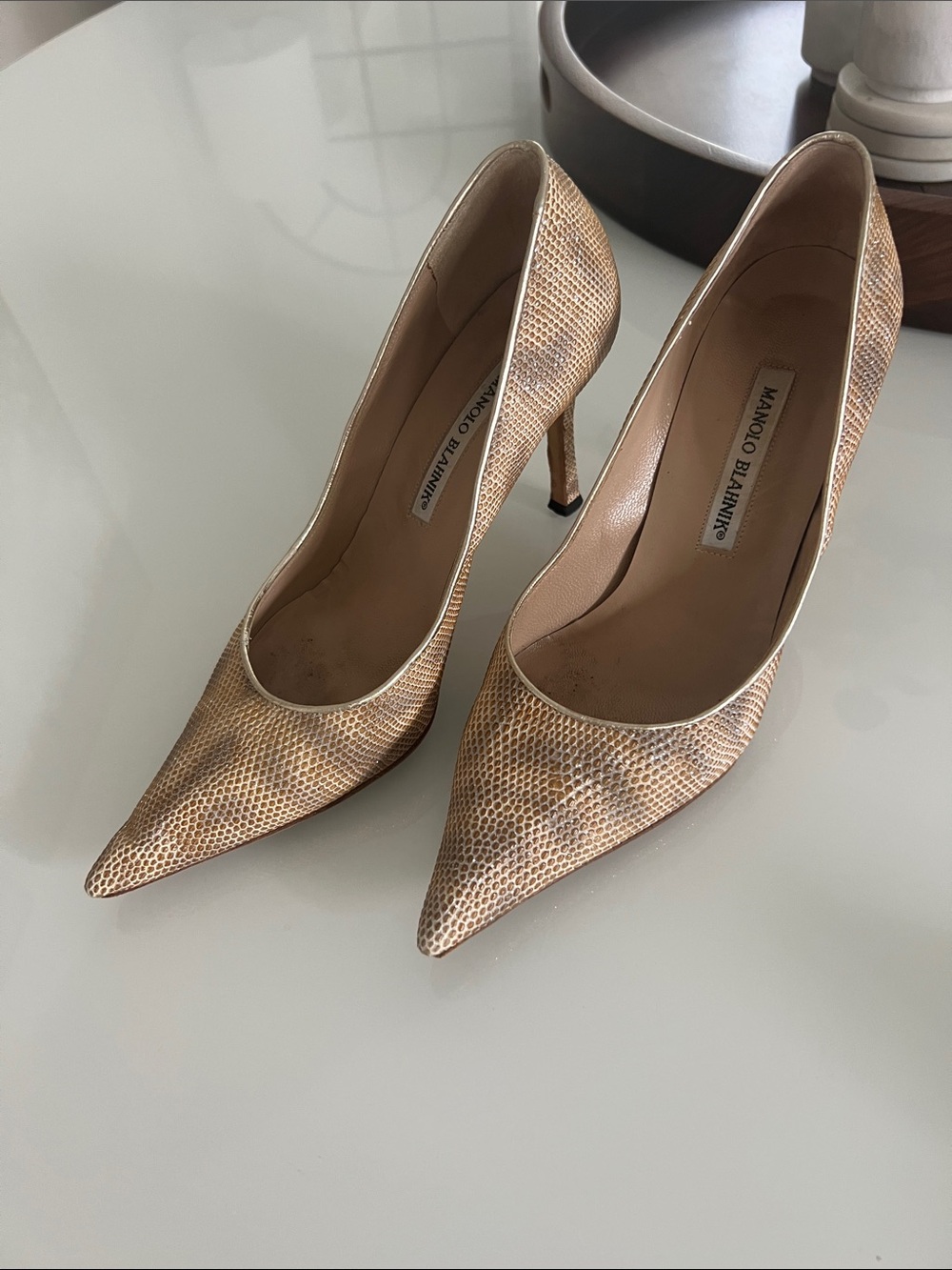 Manolo Blahnik Metallic Gold Snake-Embossed Pointed Pumps